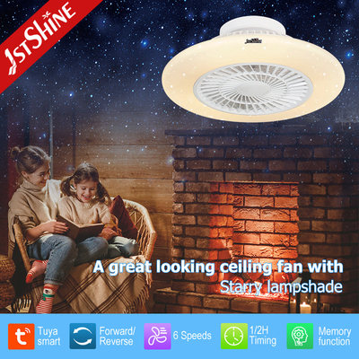 Flush Mount Bladeless Ceiling Fan With LED Light DC Motor Starry Lampshade